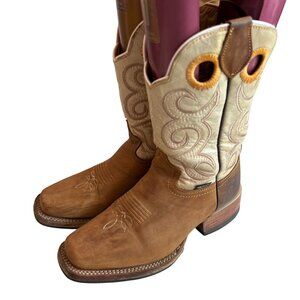 Reyme western boots womens 6.5 brown cream leather embroidered square toe